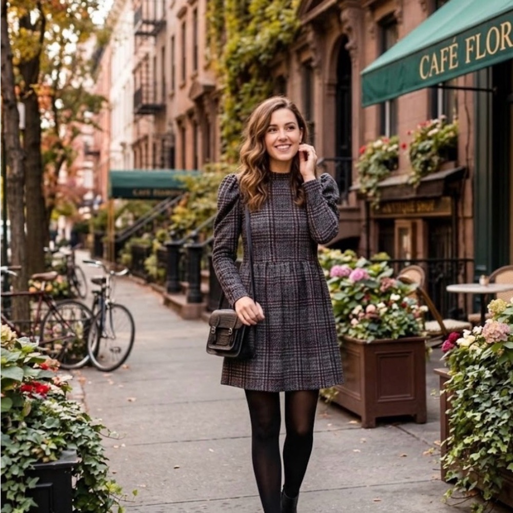 Emma & Michele Plaid Long Sleeve Dress - Black and Red